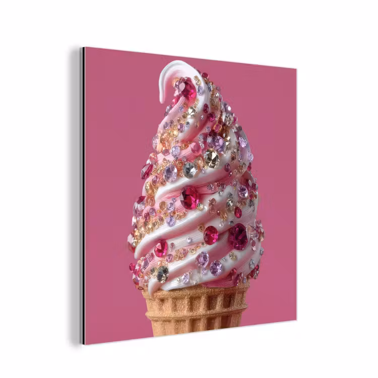 Alu-Dibond-Bild - Softeis - Edelsteine - Rosa - Waffel — 1