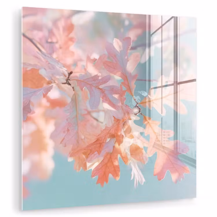 Glasbild - Eichenblätter - Zweige - Rosa — 1