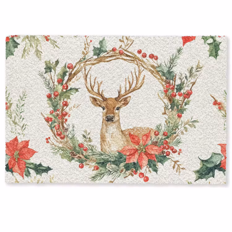 Fußmatte - Weihnachtskranz - Hirsch - Stechpalme - Rot — 1