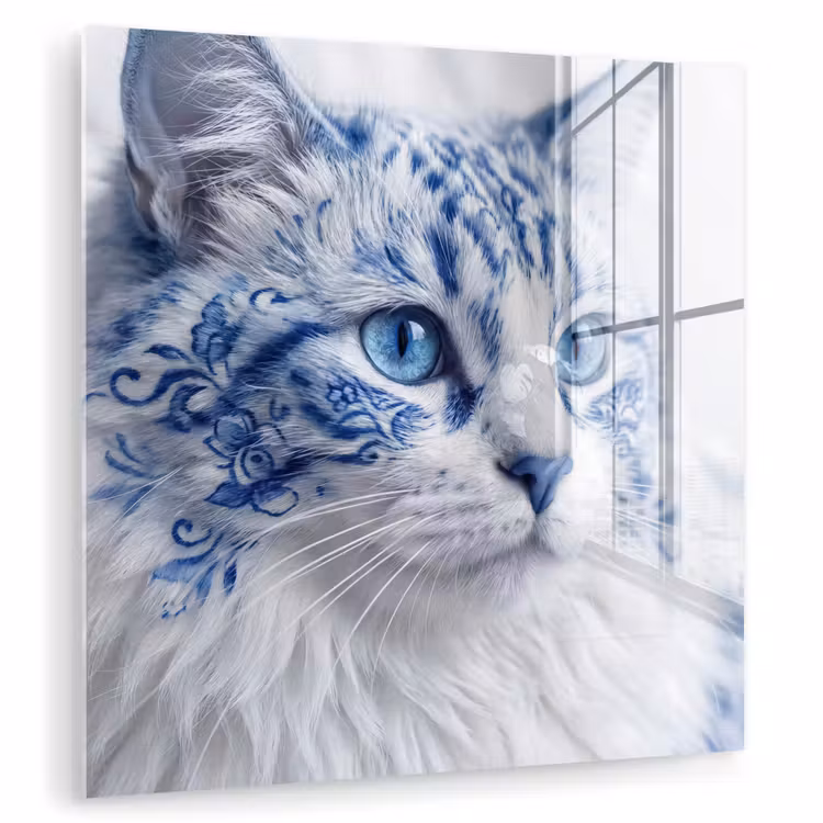 Glasbild - Katze - Muster - Blau — 1