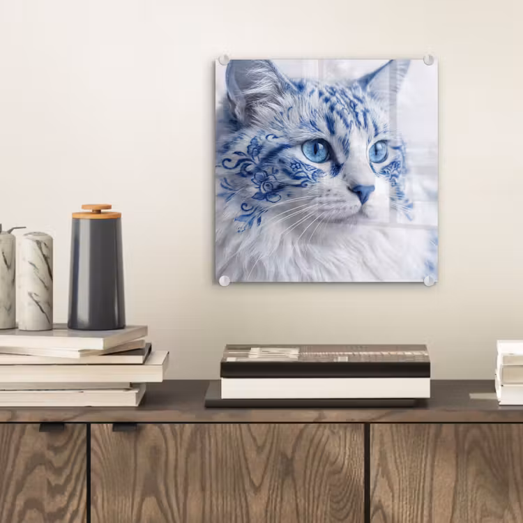 Glasbild - Katze - Muster - Blau — 2