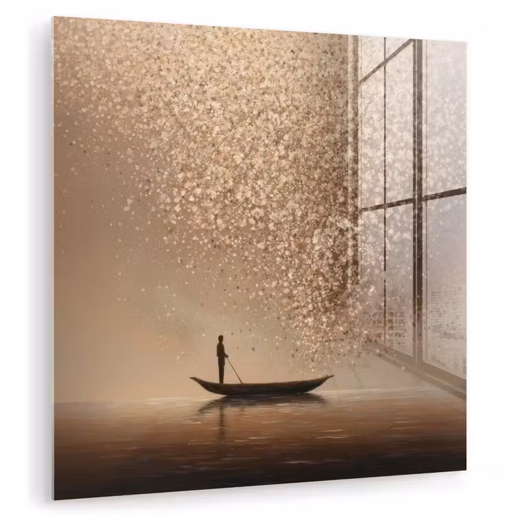 Glasbild - Boot - Blätter - Gold - Wasser — 1
