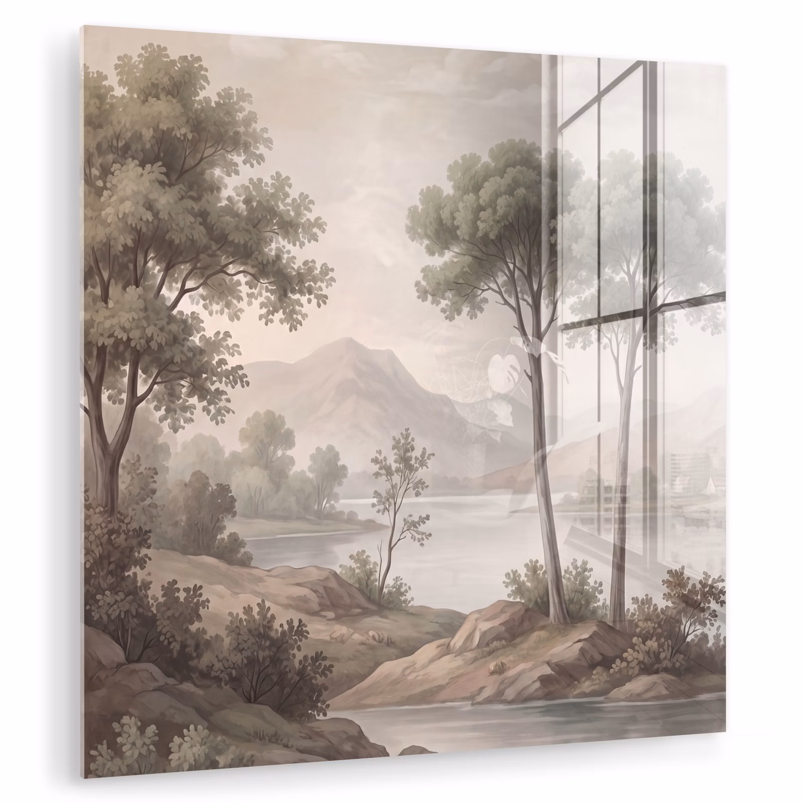 Glasbild - Bäume - See - Berge - Illustration — 1