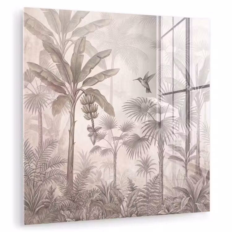 Glasbild - Dschungel - Landebahnbaum - Kolibri - Beige — 1