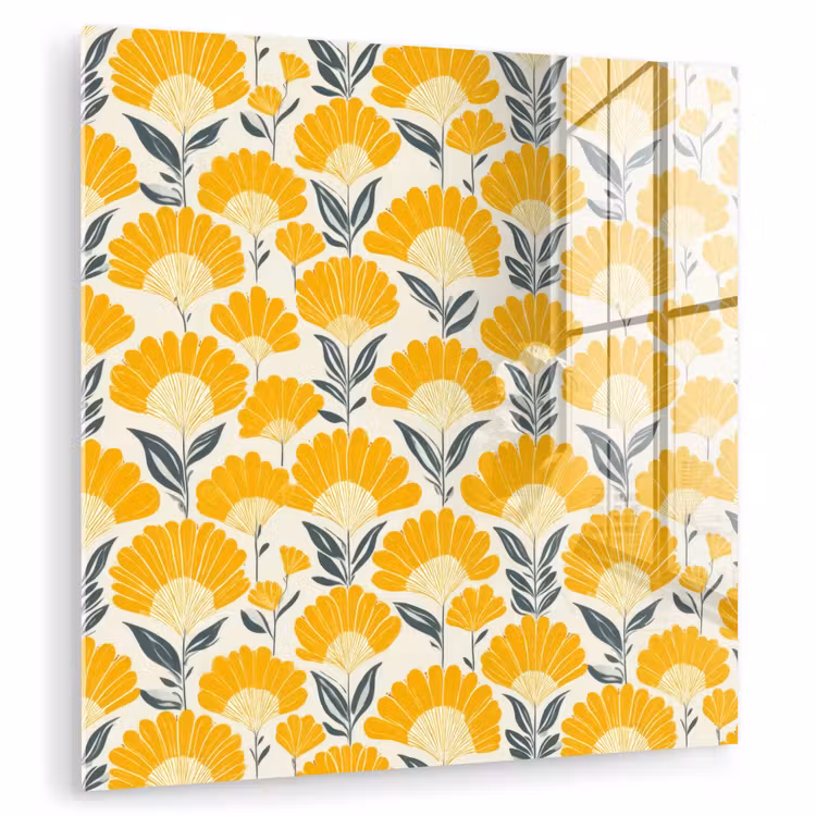 Glasbild - Blumen – Retro – Botanisch – Ockergelb – Grau — 1