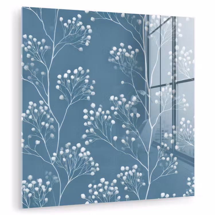 Glasbild - Äste - Beeren - Muster - Hellblau — 1