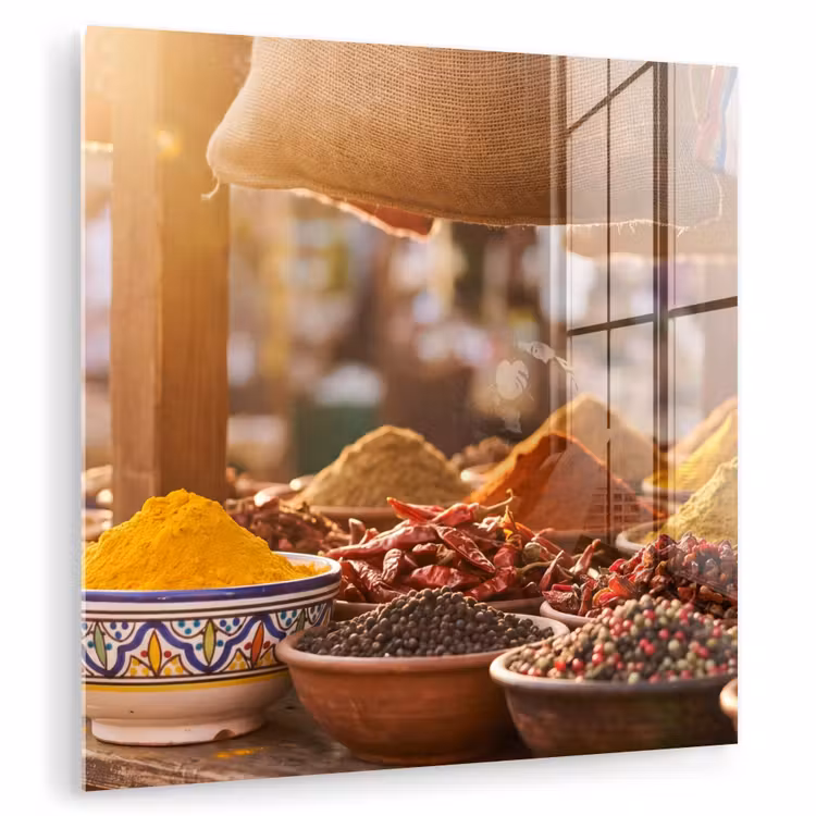 Glasbild - Gewürze – Markt – Bunt — 1