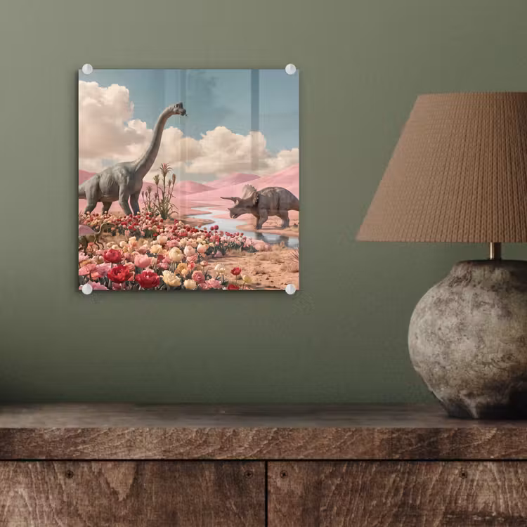 Glasbild - Dinosaurier – Rosa – Landschaft — 3