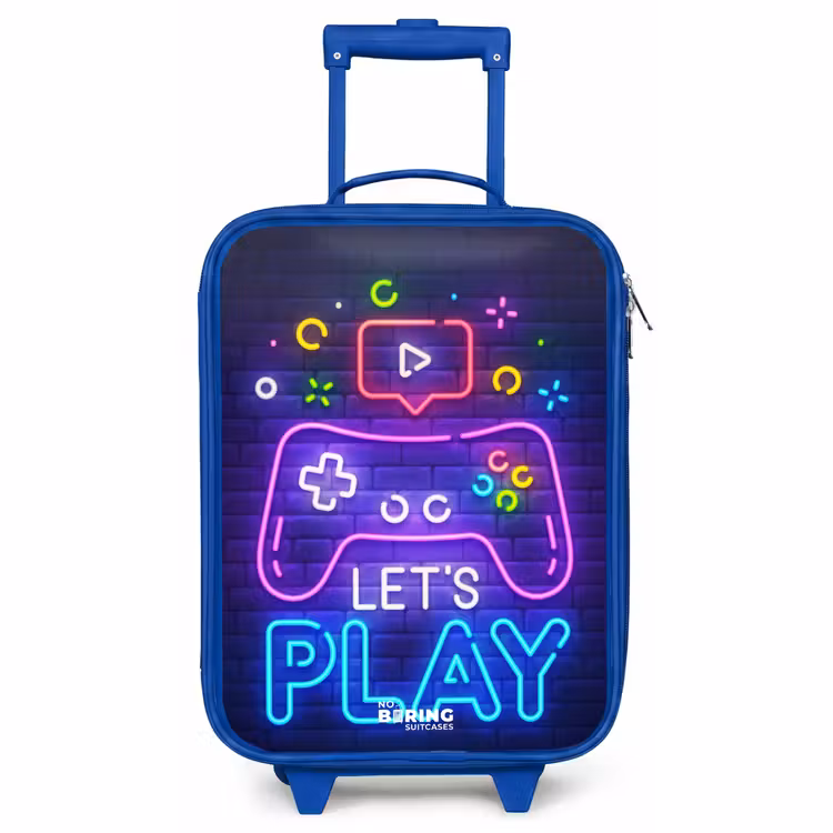 Kinderkoffer – Blau – Neon-Controller vor einer Backsteinmauer — 1