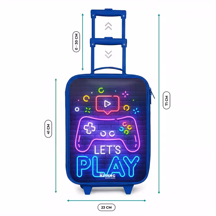 Kinderkoffer – Blau – Neon-Controller vor einer Backsteinmauer — 6