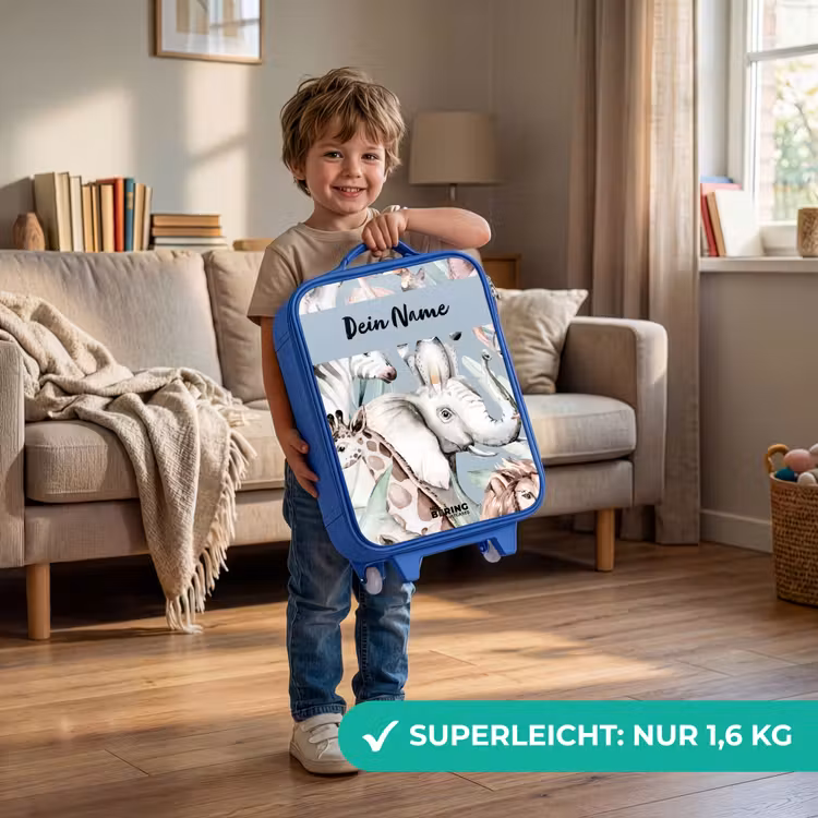 Kinderkoffer Blau mit Name - Dschungel in hellen Farben — 2