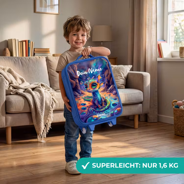 Kinderkoffer Blau mit Name - Verschnörkelter Saphir-Drache — 2
