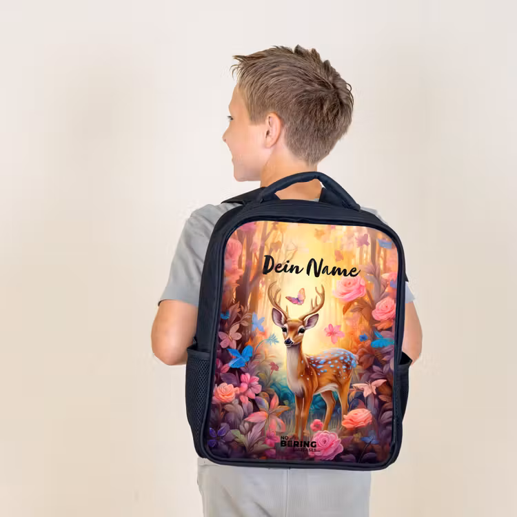 Kinderrucksack - Schwarz - Blühende Waldhirsche — 3