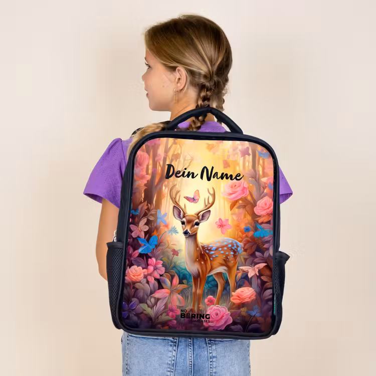 Kinderrucksack - Schwarz - Blühende Waldhirsche — 4