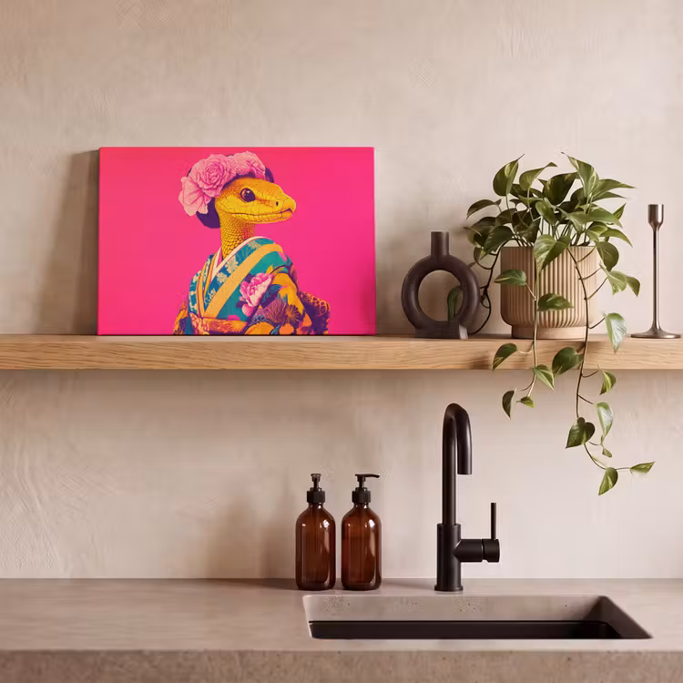 Leinwandbild - Eidechse - Blumen - Rosa - Kimono — 2