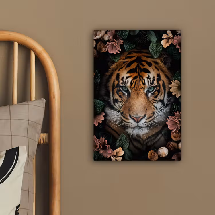 Leinwandbild - Tiger - Blumen - Blätter — 2