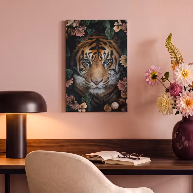 Leinwandbild - Tiger - Blumen - Blätter — 3