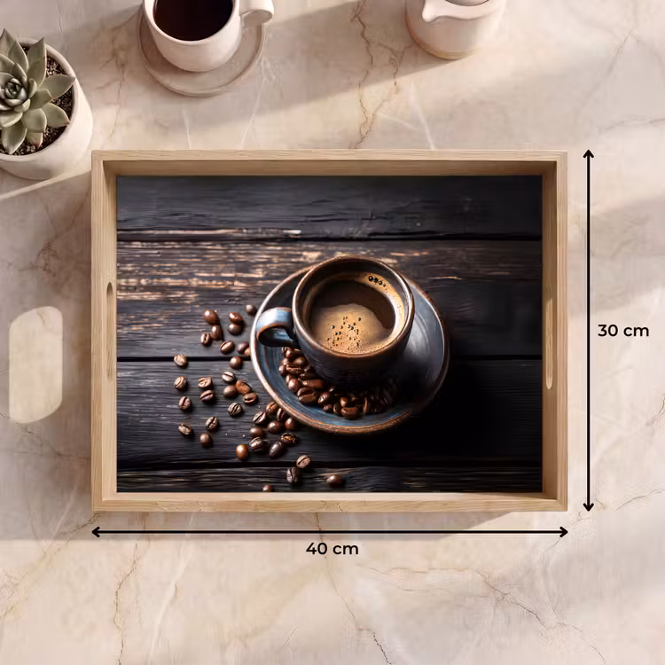 Tablett - Tasse - Kaffee - Holz - Bohnen — 7