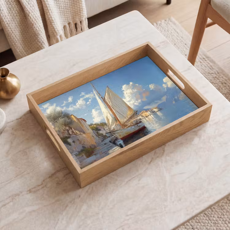 Tablett - Segelschiff - Häuser - Kai - Meer — 2