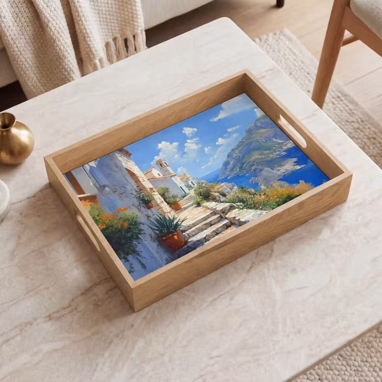 Tablett - Treppe - Häuser - Berglandschaft - Meer — 2