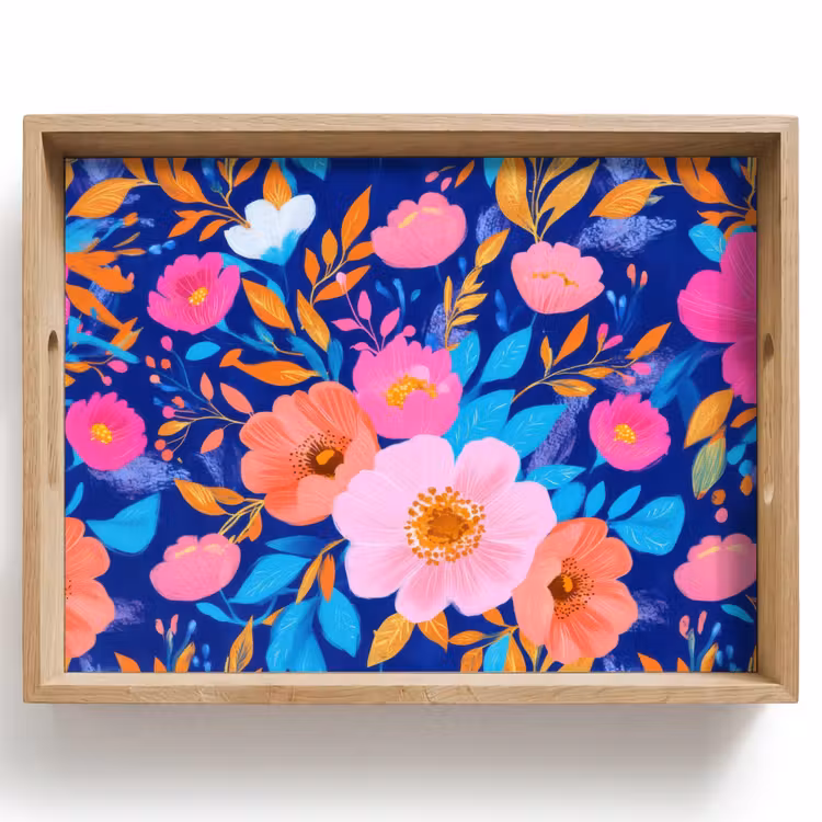 Tablett - Blumen - Blau - Rosa — 1