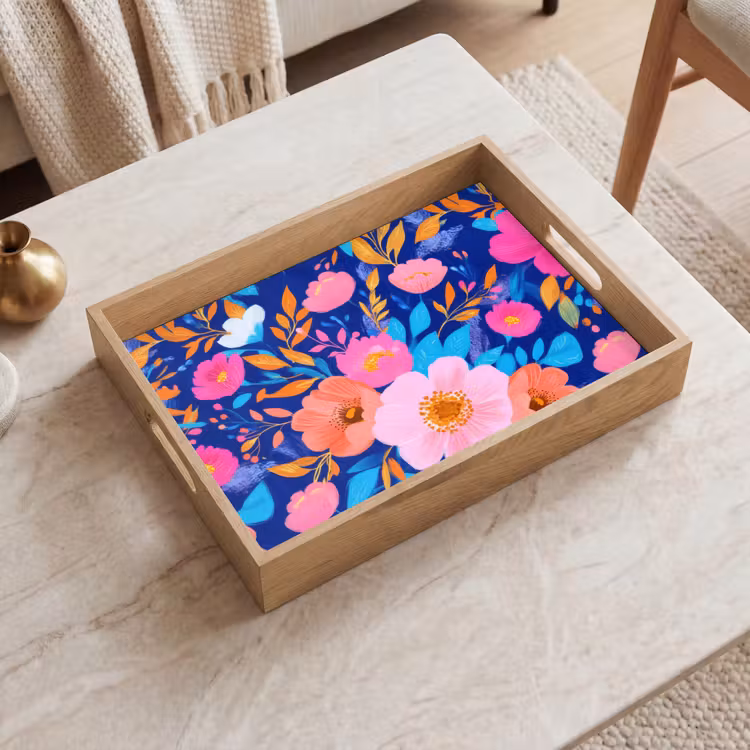 Tablett - Blumen - Blau - Rosa — 2