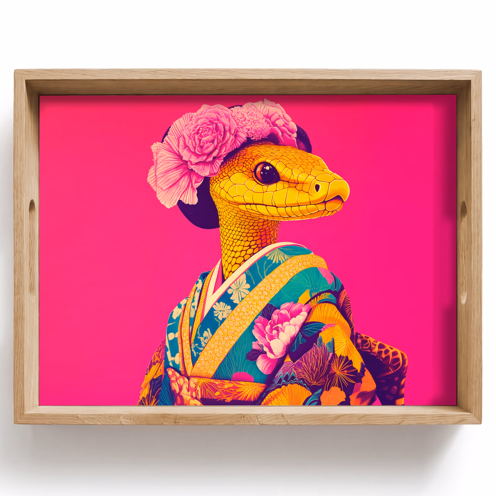 Tablett - Eidechse - Blumen - Rosa - Kimono — 1