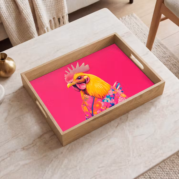 Tablett - Hahn - Bunt - Kimono - Rosa — 2