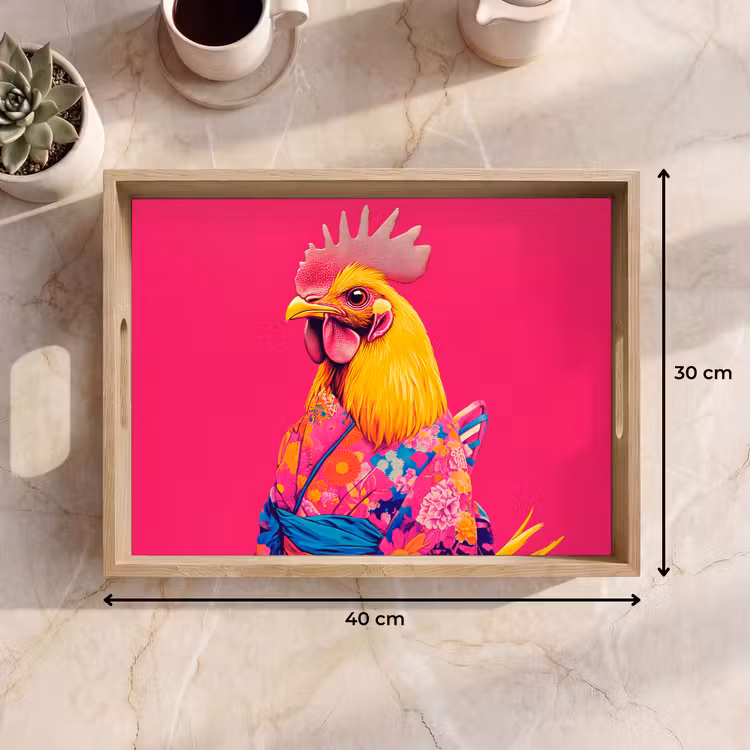 Tablett - Hahn - Bunt - Kimono - Rosa — 7