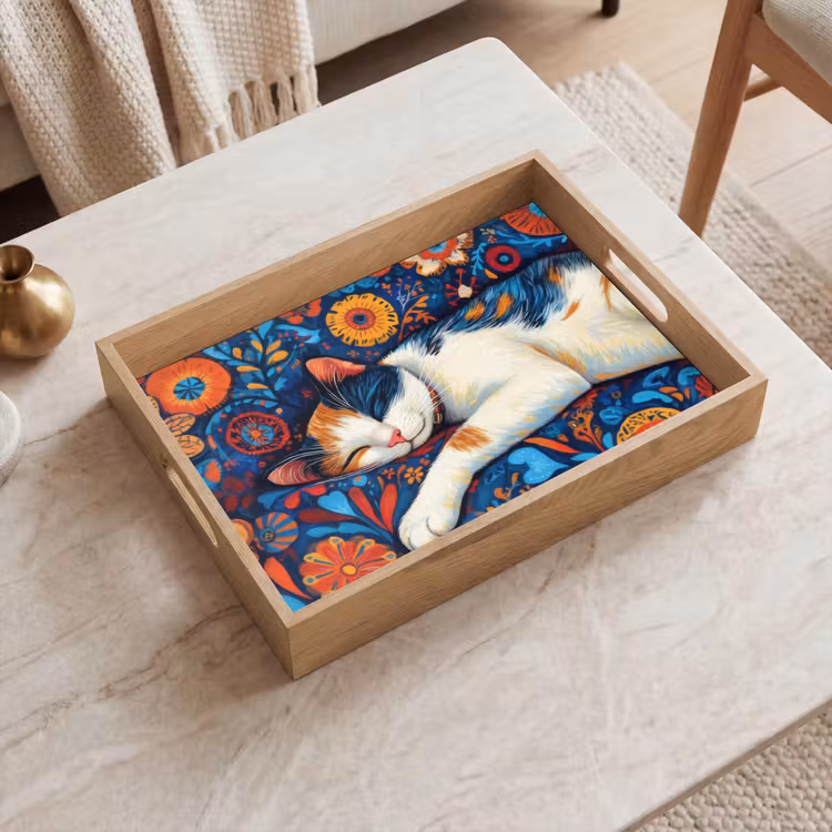 Tablett - Katze - Blumenmuster - Blau - Orange — 2