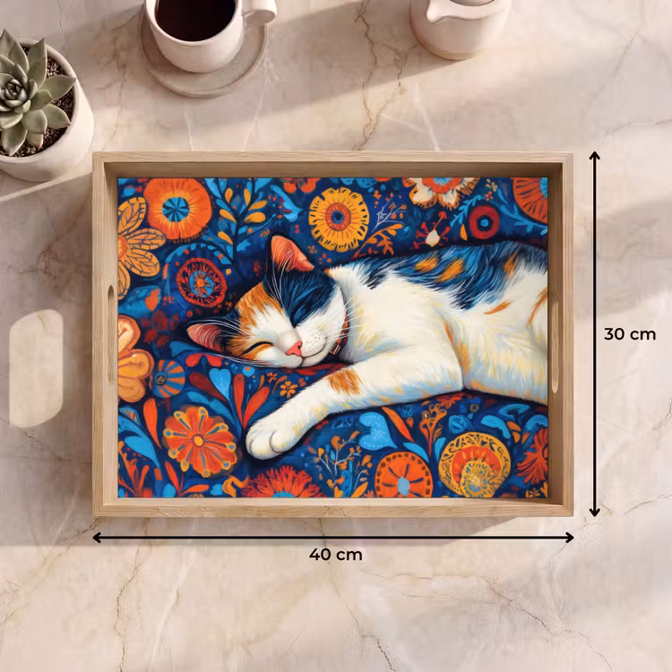 Tablett - Katze - Blumenmuster - Blau - Orange — 7