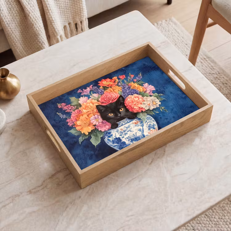 Tablett - Katze - Bunte Blumen - Vase — 2