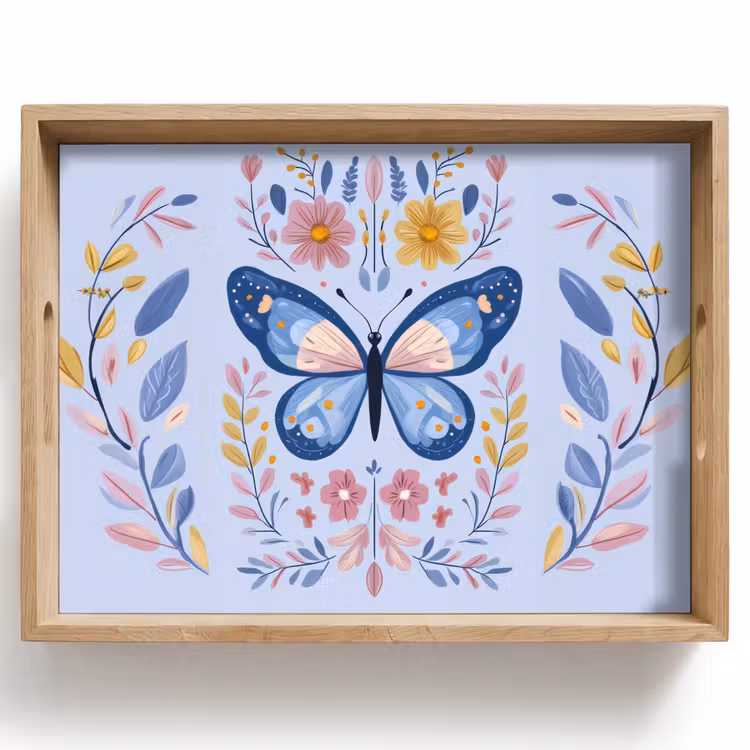Tablett - Schmetterling - Hellblau - Ornamental - Blumen — 1