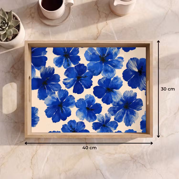 Tablett - Blumen - Blau - Gemustert - Weiß — 7