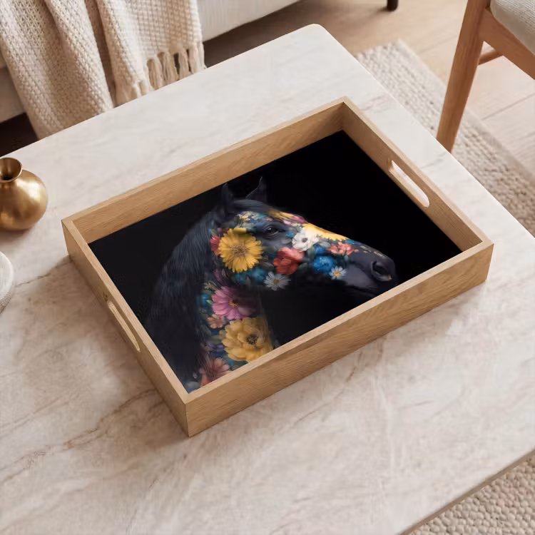 Tablett - Pferd - Blumen - Schwarz — 2