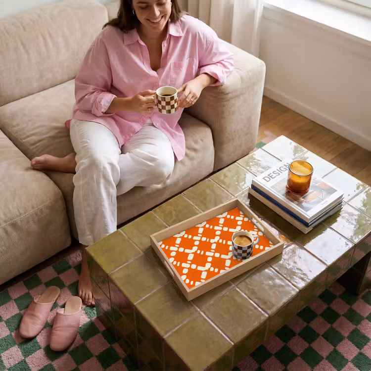 Tablett - Orange - Karomuster - Weiß — 4