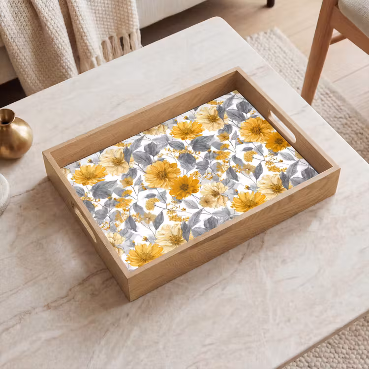 Tablett - Blumen – Botanisch – Elegant – Ockergelb – Grau — 2