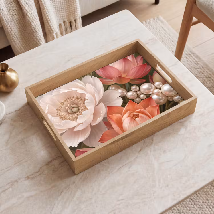 Tablett - Blumen – Perlen – Elegant – Rosa – Weiß — 2