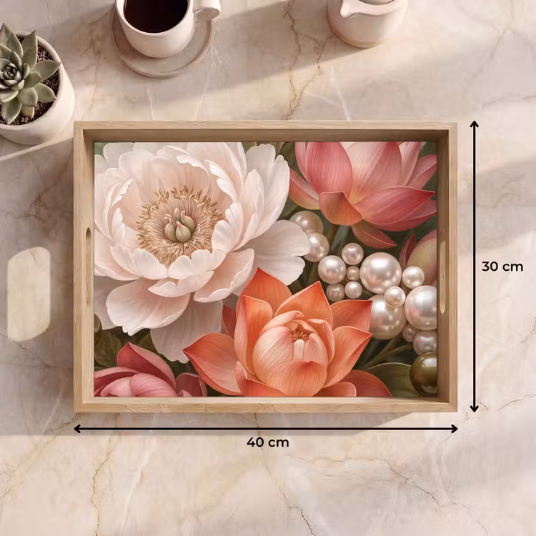 Tablett - Blumen – Perlen – Elegant – Rosa – Weiß — 7