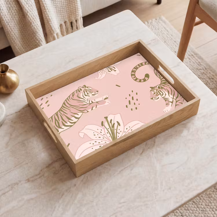 Tablett - Katze – Springend – Blumen – Abstrakt – Rosa — 2