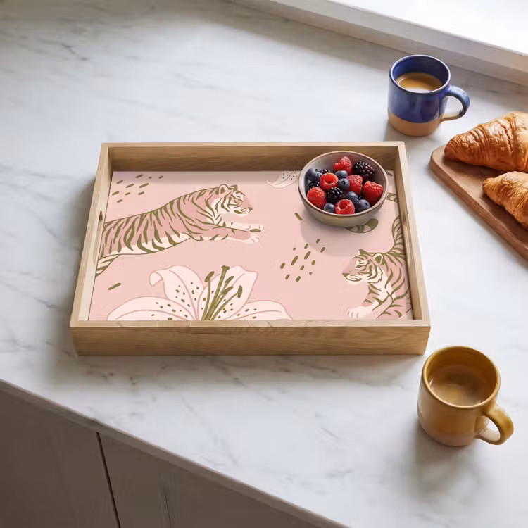 Tablett - Katze – Springend – Blumen – Abstrakt – Rosa — 3