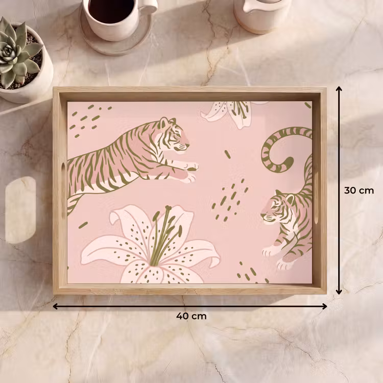 Tablett - Katze – Springend – Blumen – Abstrakt – Rosa — 7