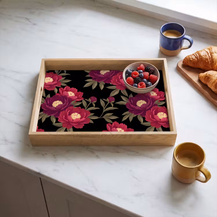 Tablett - Blumen – Muster – Botanisch – Rot – Schwarz — 3