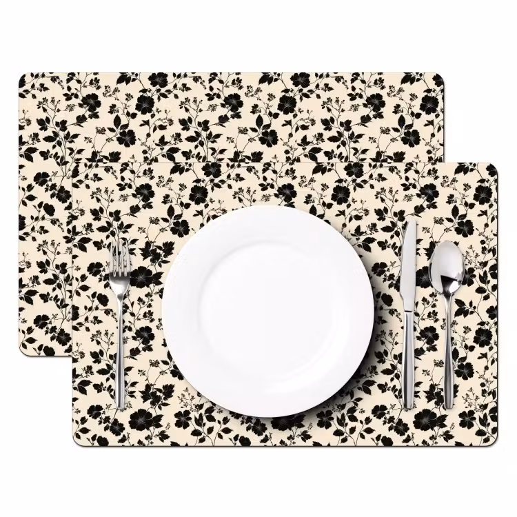 Tischset - 6 Stück - Blumen - Muster - Schwarz — 2