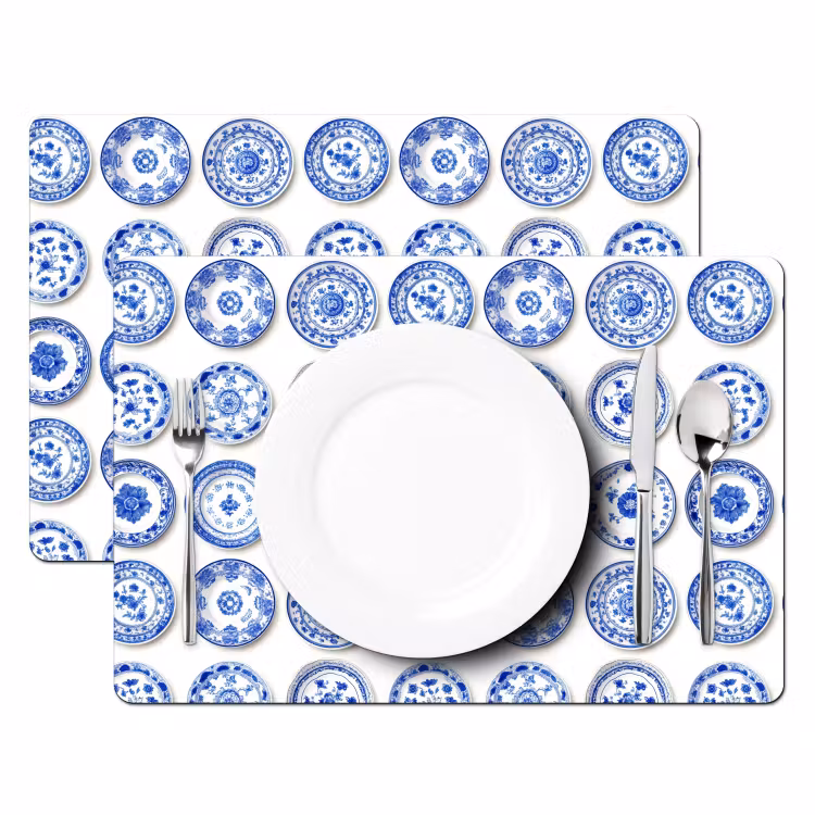 Tischset - 6 Stück - Teller - Blumen - Muster - Blau — 2