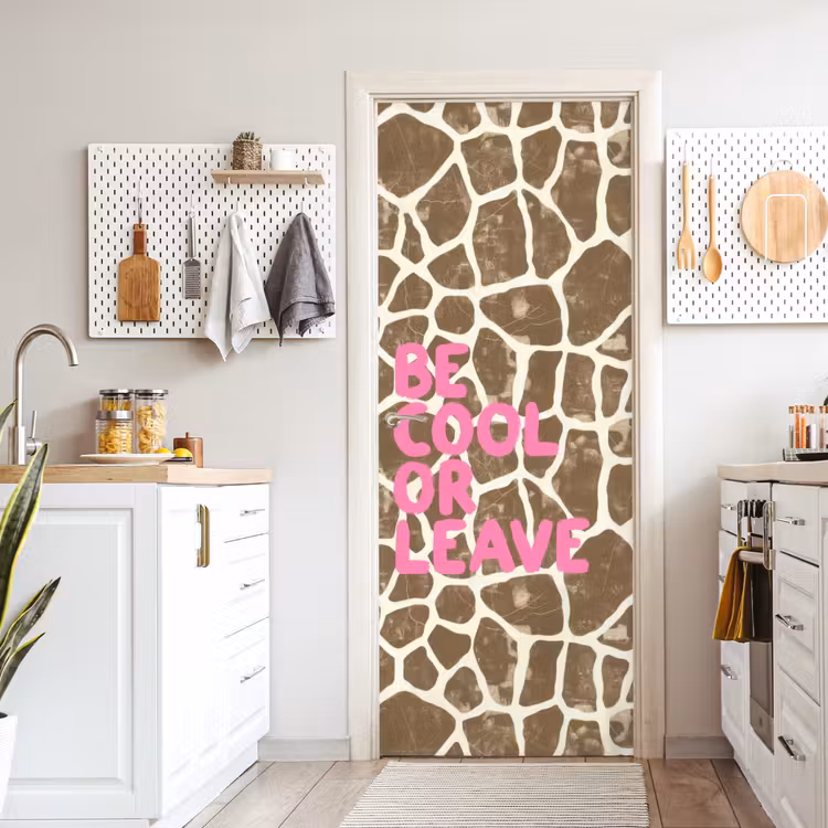 Türtapete - Text - Bleib cool oder geh - Rosa - Giraffendruck — 6