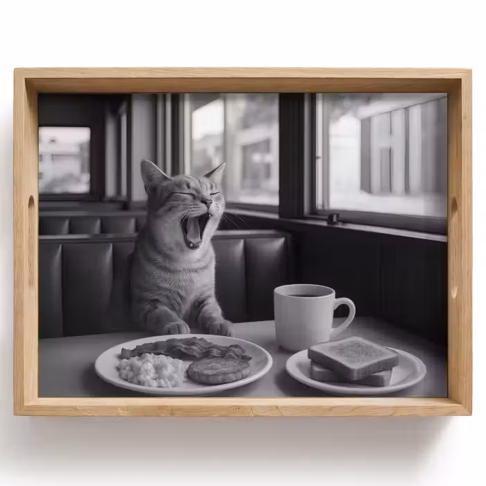 Tablett - Katze - Kaffee - Brot - Schwarz