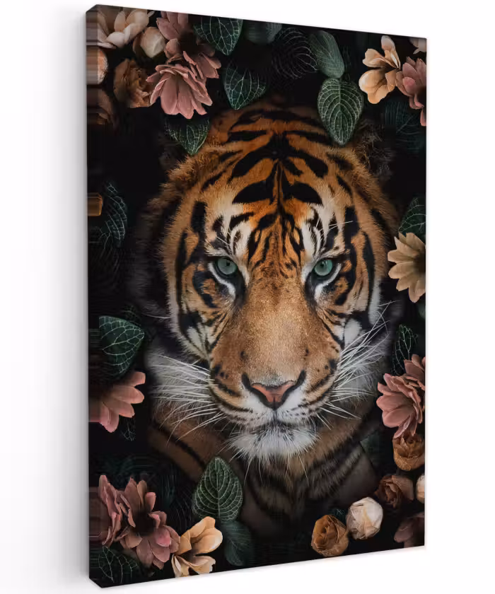 Leinwandbild - Tiger - Blumen - Blätter