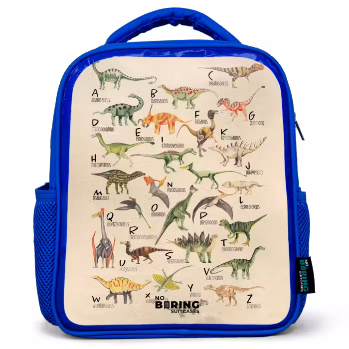 Kinderrucksack mit Namen - Blau - Dino - Alphabet
